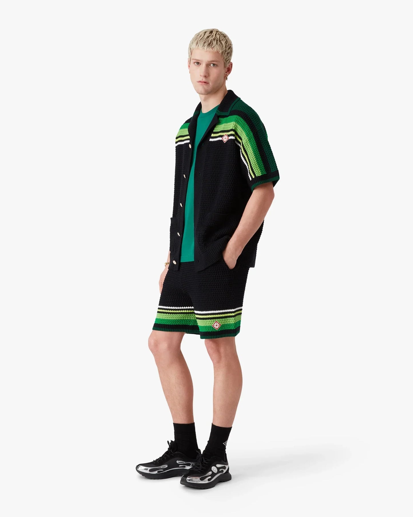 Black & Green Striped Crochet Shorts
